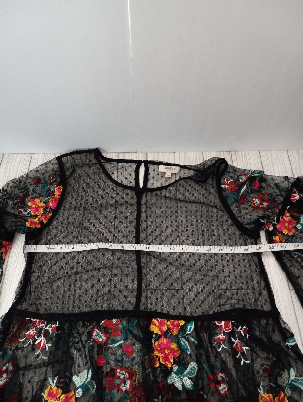 Umgee Black Sheer Mesh Dot Embroidered Floral Boho Bell Sleeve Peplum Top  - Picture 5 of 7